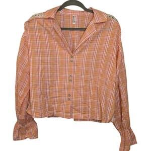 INTIMATELY FREE PEOPLE Women's Size XS Plaid Cropped Button Up Top Orange White